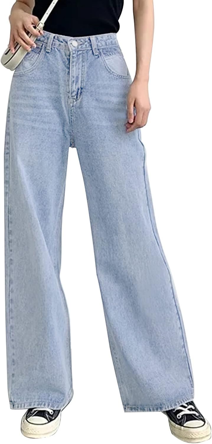 HDLTE Baggy Wide Leg Jeans for Women High Waisted Trendy Flare Jeans Boyfriend Denim Pants with Patch Pockets