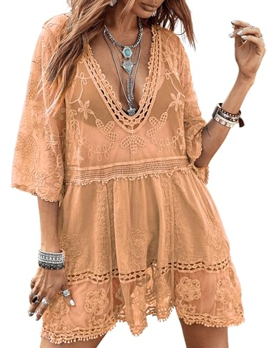 Eomenie Women's Contrast Lace Bathing Suit Cover Up V-Neck Swimsuit Coverups Loose Swimwear Beach Dress Beachwear