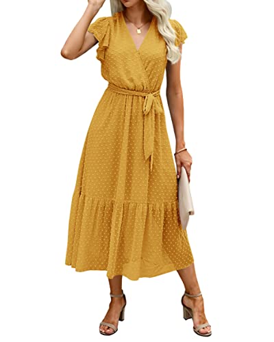 BTFBM Women Summer Bohemian Floral Casual Wrap V Neck Ruffle Cap Sleeveless Belt A-Line Pleated Hem Midi Sun Dress White