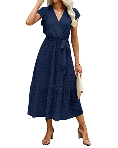 BTFBM Women Summer Bohemian Floral Casual Wrap V Neck Ruffle Cap Sleeveless Belt A-Line Pleated Hem Midi Sun Dress White