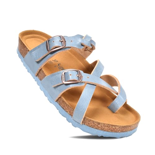 AEROTHOTIC Womens Strappy Slip-On Modern Memory Foam Cushion Footbed Outdoor Adjustable Buckle Cork Footbed Slides for Sandals with Comfortable Arch Support