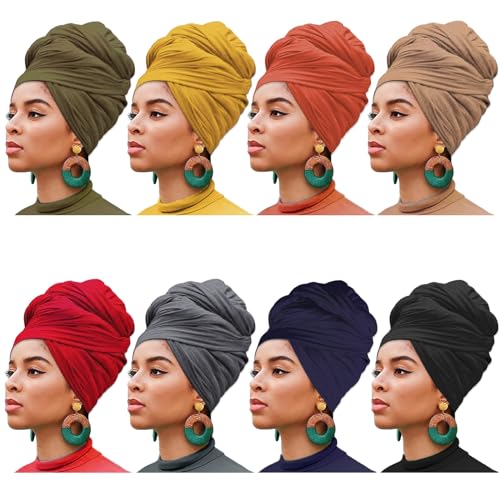 8 Pieces Head Wrap Stretch Jersey Turban Bohemian Extra Long Scarf Hat Soft Breathable African Solid Color Knit Headwraps Turban Tie for Women (8 Colors)