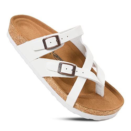 AEROTHOTIC Womens Strappy Slip-On Modern Memory Foam Cushion Footbed Outdoor Adjustable Buckle Cork Footbed Slides for Sandals with Comfortable Arch Support