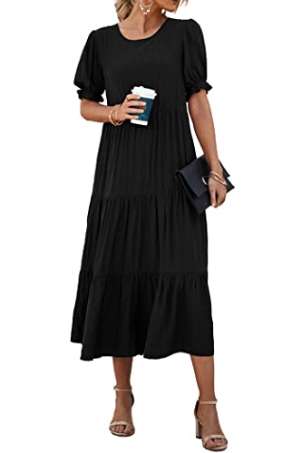 PRETTYGARDEN Summer Dresses for Women 2025 Casual Floral Boho Midi Sun Dress Puff Short Sleeve Flowy Beach Vacation Sundress