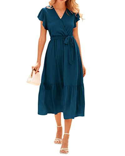 BTFBM Women Summer Bohemian Floral Casual Wrap V Neck Ruffle Cap Sleeveless Belt A-Line Pleated Hem Midi Sun Dress White