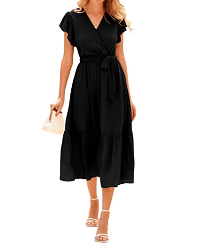 BTFBM Women Summer Bohemian Floral Casual Wrap V Neck Ruffle Cap Sleeveless Belt A-Line Pleated Hem Midi Sun Dress White