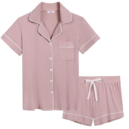 Joyaria Womens Cooling Bambo Viscose Pajamas Short Sleeve Button Down Pj Shorts Set Ultra Soft Summer Sleepwear-Small-XXL