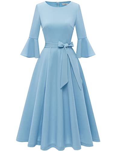 HomRain Women's Church Dresses for 2025 Wedding Guest Cocktail Tea Party Bell Sleeve Vintage Evening Graduation Dress