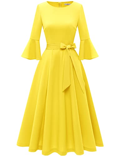 HomRain Women's Church Dresses for 2025 Wedding Guest Cocktail Tea Party Bell Sleeve Vintage Evening Graduation Dress