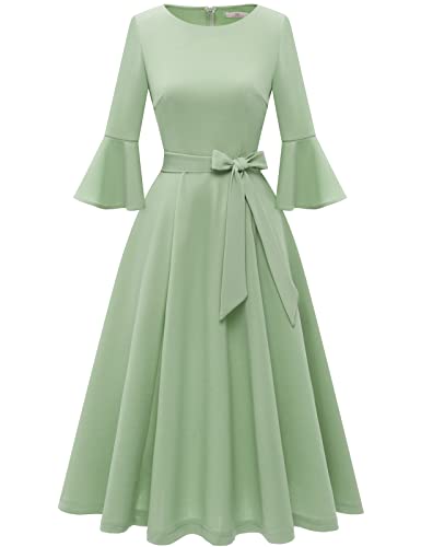 HomRain Women's Church Dresses for 2025 Wedding Guest Cocktail Tea Party Bell Sleeve Vintage Evening Graduation Dress