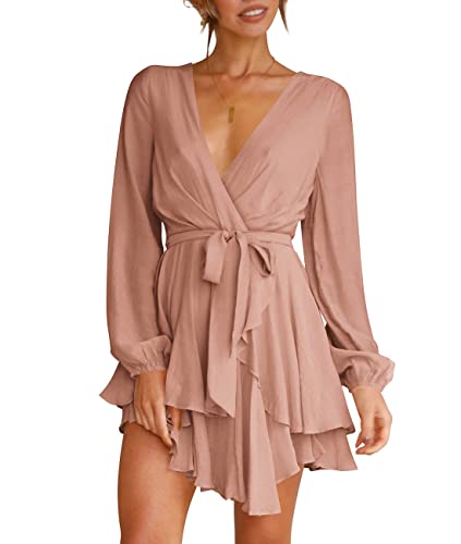 Cosonsen Women's Dress Deep V-Neck Long Sleeve Waist Tie Ruffle Mini Swing Skater Dresses
