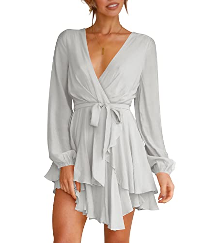 Cosonsen Women's Dress Deep V-Neck Long Sleeve Waist Tie Ruffle Mini Swing Skater Dresses