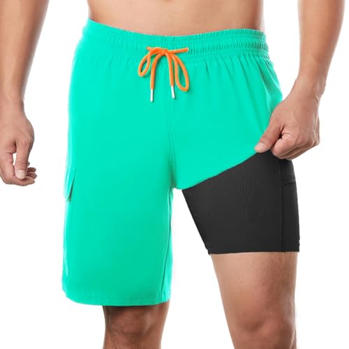 BRISIRA Mens Swim Trunks Bathing Suit 9 Inch Inseam Compression Liner Beach Long Board Shorts Swimsuit Anti-Chafe Quick Dry