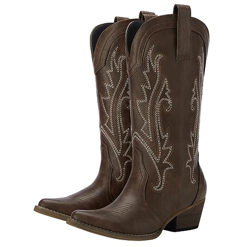 HISEA Rollda Cowboy Boots for Women, Cowgirl Boots, Comfortable Western Boots with Pointed Toe Stitched Embroidery for Country Concert Dancing Wedding Traveling Daily Outfits