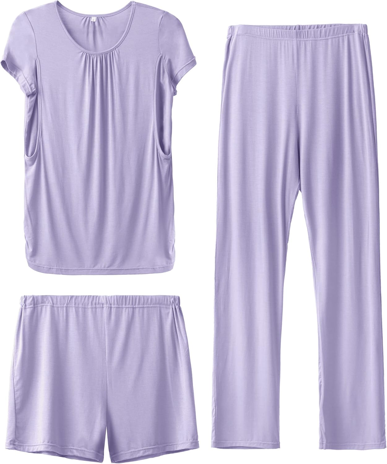 SUNNYBUY Womens Maternity Nursing Pajamas Set, Short Sleeve Breastfeeding Shirts,Pregnancy Shorts & Pants 3 Piece Nursing PJS