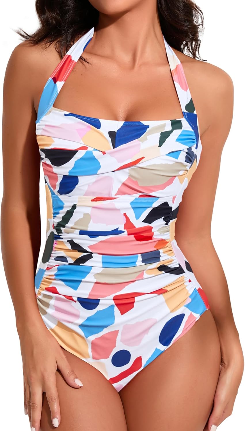 Smismivo Tummy Control Swimwear Halter One Piece Slimming Vintage Retro Swimsuit Womens Ruched Push Up Bathing Suit
