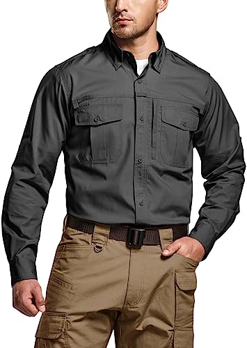 CQR Men's Long Sleeve Work Shirts, Ripstop Military Tactical Shirts, Outdoor UPF 50+ Breathable Button Down Hiking Shirt