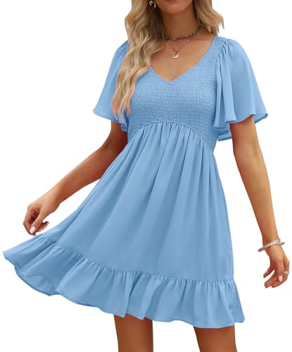 LILLUSORY Women's Flowy Casual Mini Dresses 2025 Summer Graduation Smocked V Neck Vacation Dress Dress with Pockets