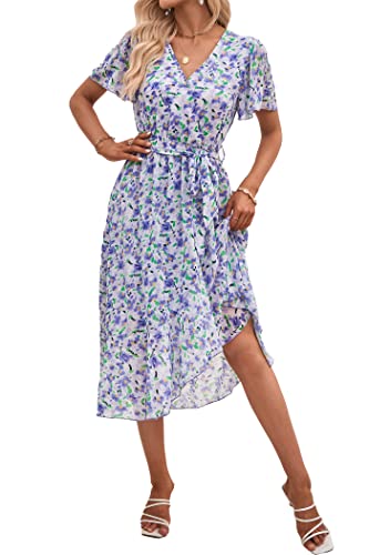 PRETTYGARDEN Women's Summer Floral Boho Maxi Dress Wrap Short Sleeve V Neck Ruffle A-Line Flowy Wedding Guest Long Dresses