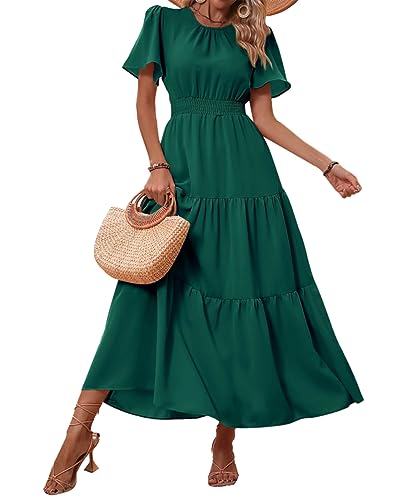 PRETTYGARDEN Women's Summer Casual Short Flutter Sleeve Round Neck Smocked Waist Tiered Boho Floral Flowy Maxi Dress