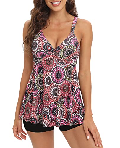 SEAFORM Women's Tankini Bathing Suits Two-Piece Tummy Control Swim Dress High Waist Printing Padded Swimsuits with Boyshorts