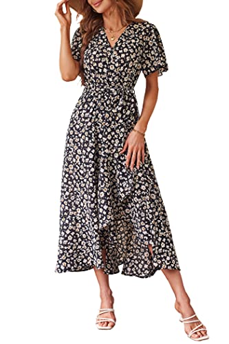 PRETTYGARDEN Women's Summer Floral Boho Maxi Dress Wrap Short Sleeve V Neck Ruffle A-Line Flowy Wedding Guest Long Dresses