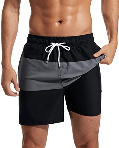 SILKWORLD Mens Swimming Trunks with Compression Liner 2 in 1 Quick-Dry Swim Shorts with Zipper Pockets