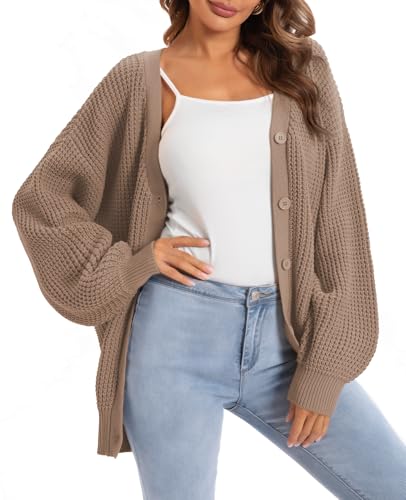QUALFORT Cardigan Sweaters for Women 100% Cotton Button-Down Oversized Knit Outerwear Fall Tops for Women 2025