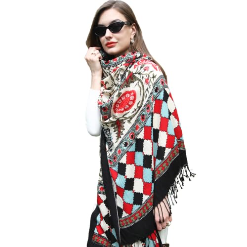 DANA XU 100% Merino Wool Pashmina Shawl for Women 96"x43", Oversized Cashmere Wrap with Tassels, Floral Travel Blanket Cape