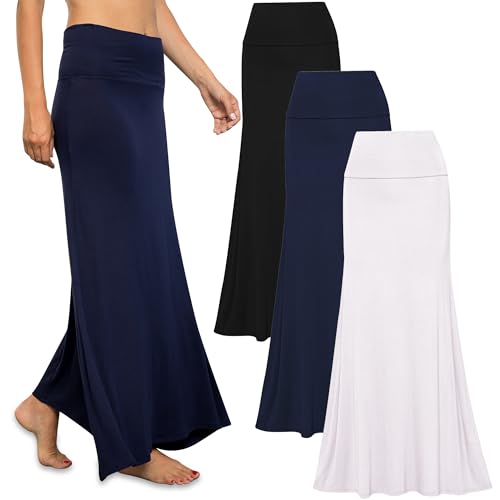 Free to Live 3 Pack Long Skirts for Women Fall Stretchy Flowy Maxi Skirt Dressy Casual for Work, Soft Fold Over High Waisted