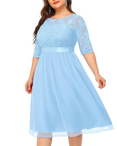 Pinup Fashion Plus Size Lace Chiffon Wedding Guest Dresses Women Cocktail Party Midi Dress