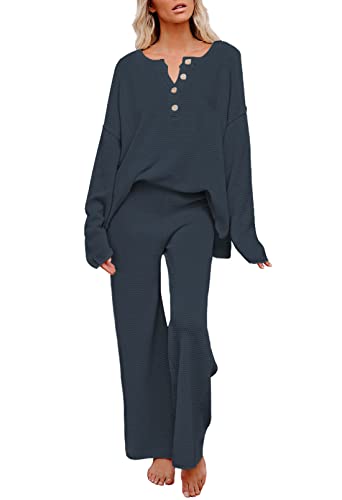 Pink Queen Women's 2 Piece Fall Outfit Lounge Set Long Sleeve Button Pullover Sweater Matching Wide Leg Pants Knit Sweatsuit