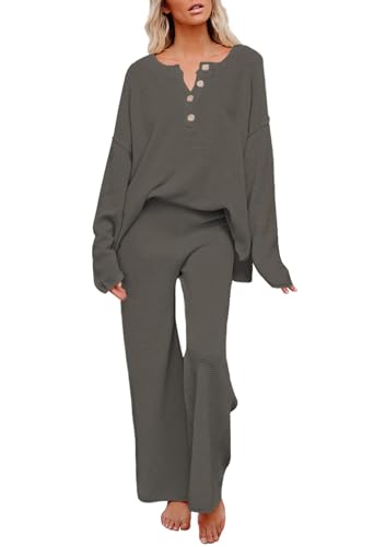 Pink Queen Women's 2 Piece Fall Outfit Lounge Set Long Sleeve Button Pullover Sweater Matching Wide Leg Pants Knit Sweatsuit