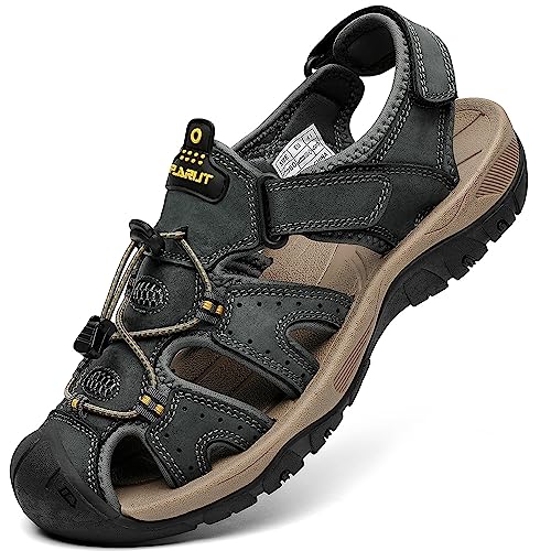 FLARUT Men's Sport Sandals Outdoor Hiking Sandals Closed Toe Leather Athletic Lightweight Trail Walking Casual Sandals Water Shoes
