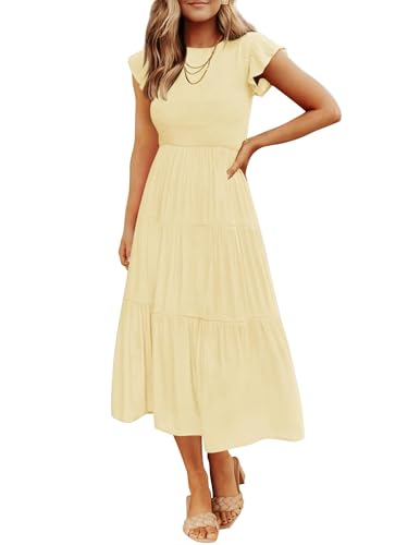 ZESICA Women's 2025 Summer Casual Flutter Short Sleeve Crew Neck Smocked Elastic Waist Tiered Midi Dress