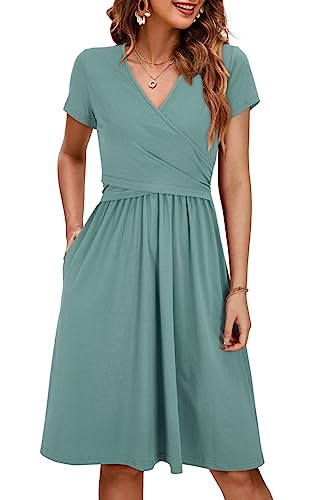 OUGES Women's 2025 Fashion V Neck Midi Dress with Pockets Maternity Clothes Nursing Dresses