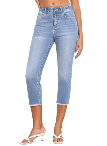 Sidefeel Women's Capri Jeans High Waisted 2025 Summer Fashion Straight Leg Raw Hem Denim Capri Pants