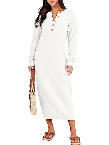ANRABESS Women Long Sleeve Button V Neck Oversized Casual Loose Fit Waffle Knit Fall Midi Sweater Dress 2025 Trendy Outfits