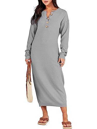 ANRABESS Women Long Sleeve Button V Neck Oversized Casual Loose Fit Waffle Knit Fall Midi Sweater Dress 2025 Trendy Outfits
