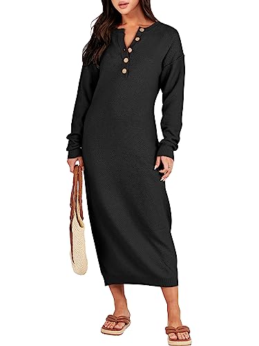 ANRABESS Women Long Sleeve Button V Neck Oversized Casual Loose Fit Waffle Knit Fall Midi Sweater Dress 2025 Trendy Outfits