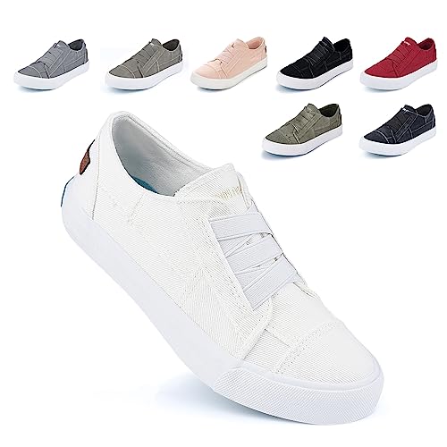 JENN ARDOR Women's Stylish Slip On Sneakers No Laces Elastic Low Top Canvas Sneakers Trendy Flats Comfortable Casual Walking Shoes