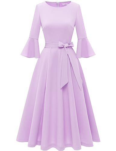 HomRain Women's Church Dresses for 2025 Wedding Guest Cocktail Tea Party Bell Sleeve Vintage Evening Graduation Dress