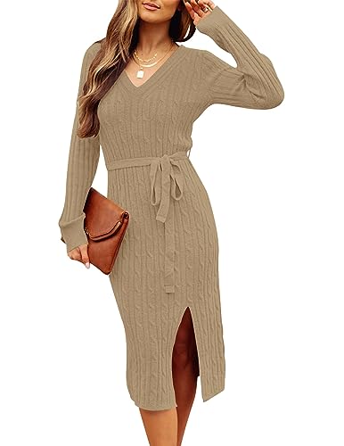 MEROKEETY Cable Knit V‑Neck Midi