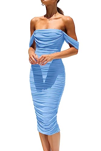 PRETTYGARDEN Wedding Guest Dress 2025 Summer Off Shoulder Ruched Elegant Sexy Bodycon Homecoming Cocktail Party Midi Dress