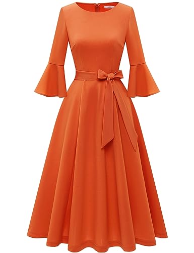 HomRain Women's Church Dresses for 2025 Wedding Guest Cocktail Tea Party Bell Sleeve Vintage Evening Graduation Dress