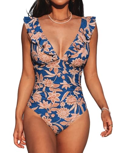 CUPSHE Women's Ruffled One Piece Swimsuit V Neck Lace Up