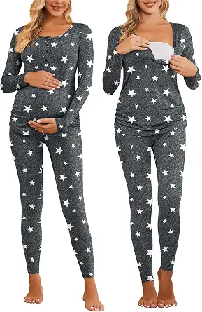 Ekouaer Women's Button Down Nursing Thermal Set