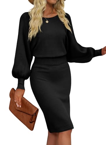 MIROL Women's Casual 2025 Long Puff Sleeve Solid Bodycon Midi Dress Ribbed Knit Oversized Pullover Sweater Dress