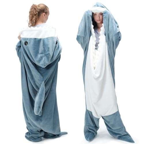 Touchat Shark Blanket for Adult Super Soft Cozy Flannel Throw Wearable Blanket, Cartoon Animals Blanket Hoodie, Sleeping Bag Cosplay Costume Gifts for Shark Lovers (Blue, XL)