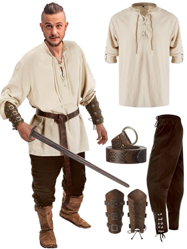 Jiuguva 4 Pcs Halloween Men's Renaissance Costume Set Medieval Pirate Shirt Ankle Banded Pants Viking Belt Accessories